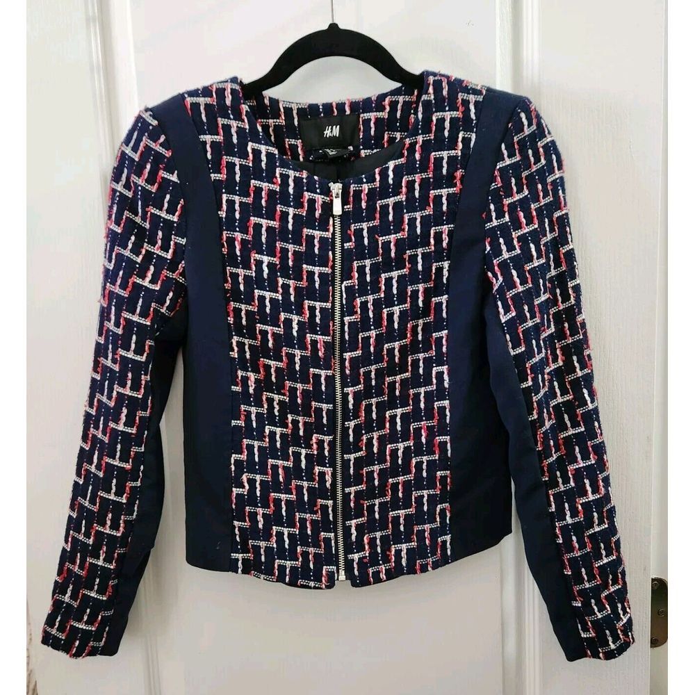 H&M Womens Blue Zip Fasten Long Sleeved Cropped Jacket Size 4